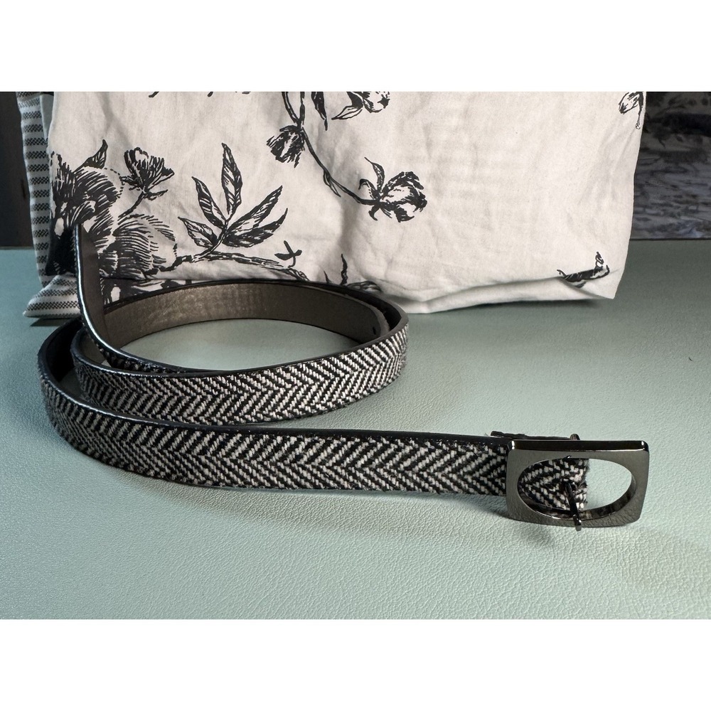 Black & White Herringbone Printed Knit Belt Thin Pewter Buckle Dressy